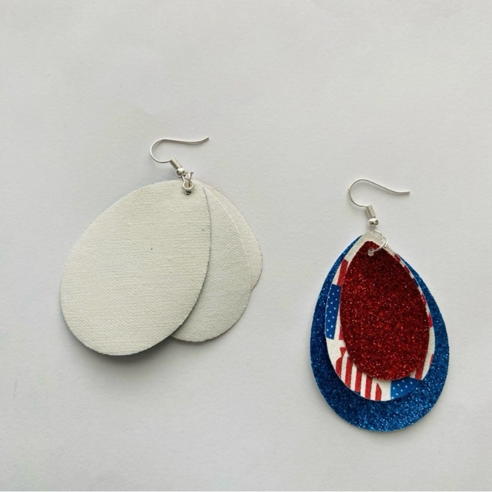 Hand Crafted Patriotic Faux Leather Layered Red Blue Glitter Teardrop Ea… - Picture 4 of 5